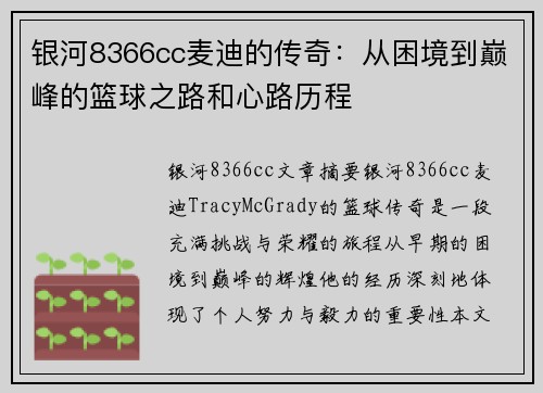 银河8366cc麦迪的传奇：从困境到巅峰的篮球之路和心路历程